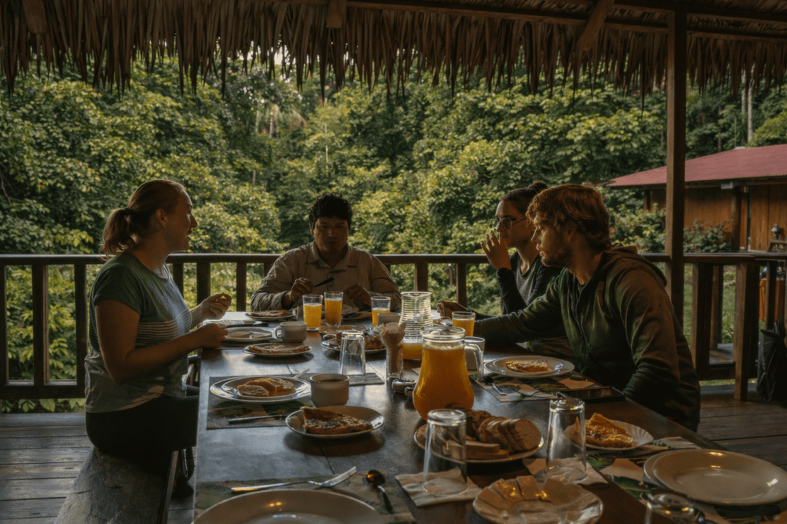 Guests enjoying a communal meal at an Amazon rainforest eco-lodge during a small-group travel experience