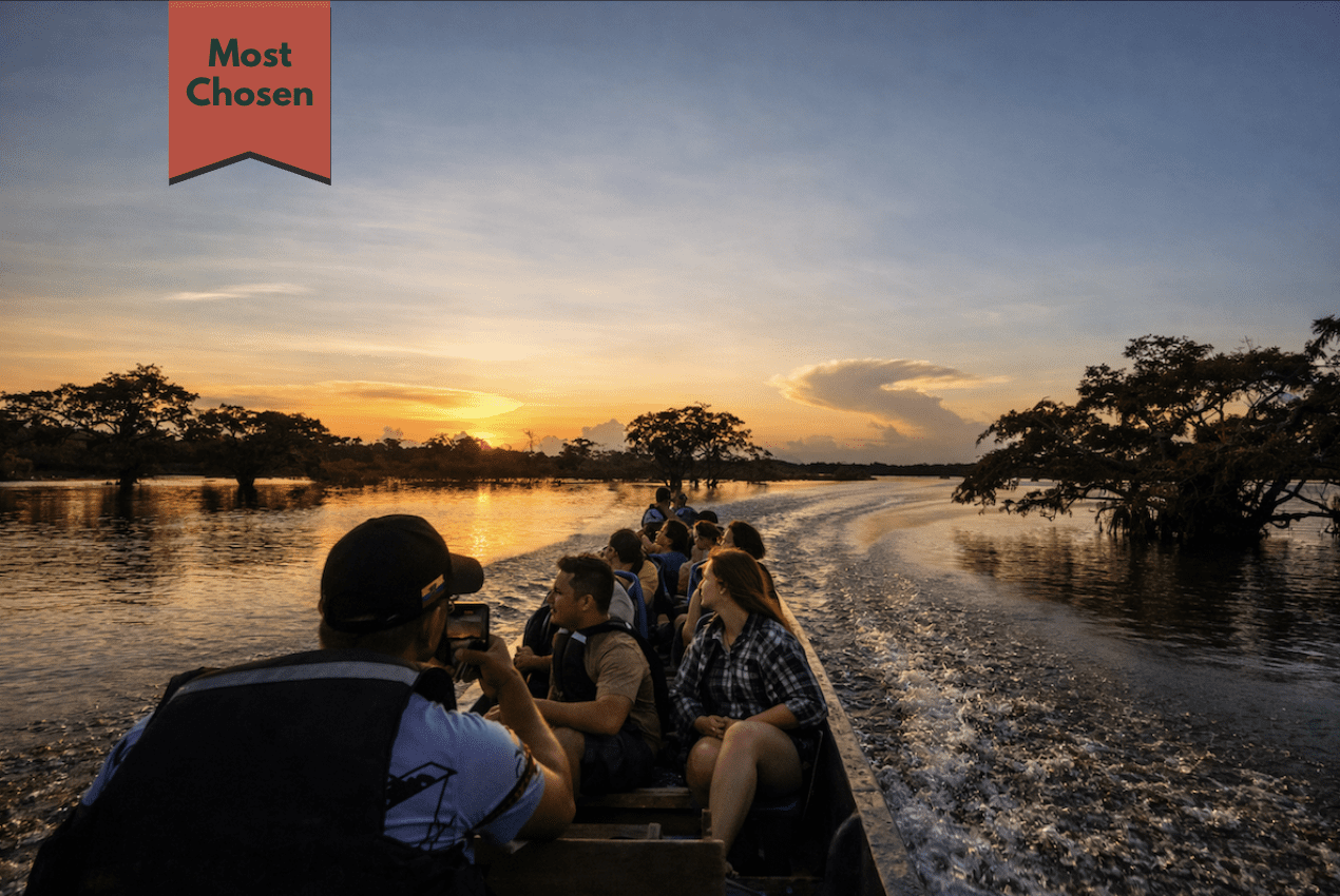 Guests traveling by motorized canoe along an Amazon river at sunset, surrounded by flooded forest.
