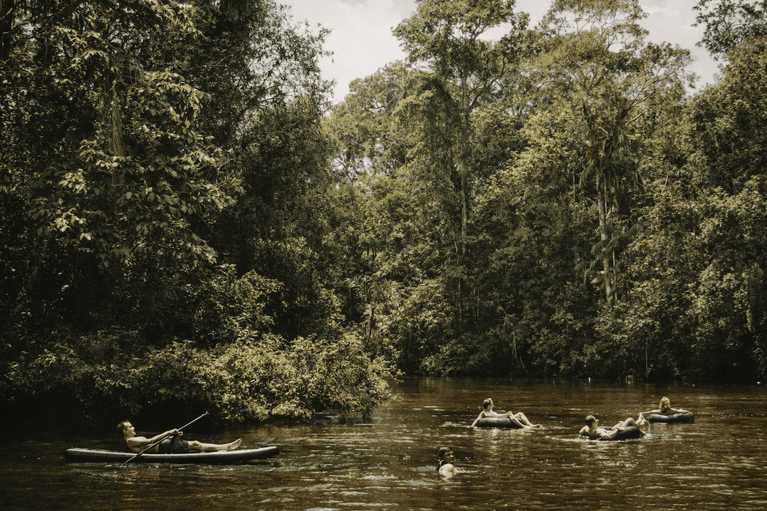 guests participating in water paddling in amazon river forest